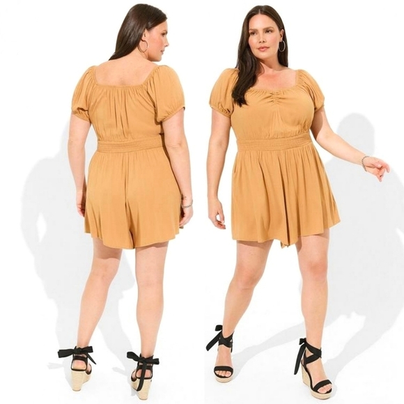 NWT TORRID SMOCKED WAIST JUMPSUIT IN OCHRE - Picture 1 of 4